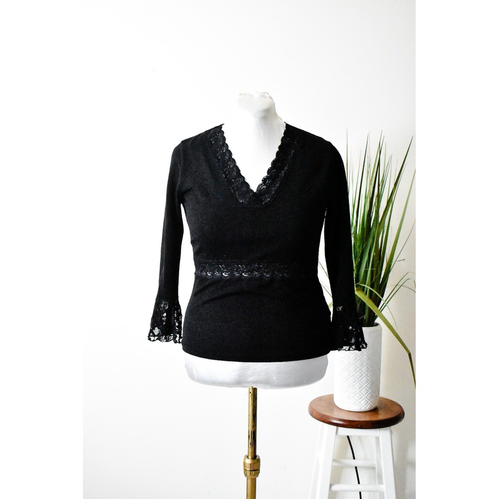 Susan Lawrence Knit Top Women L Black Y2K Lace Trim Empire‎ Waist Bell Sleeve